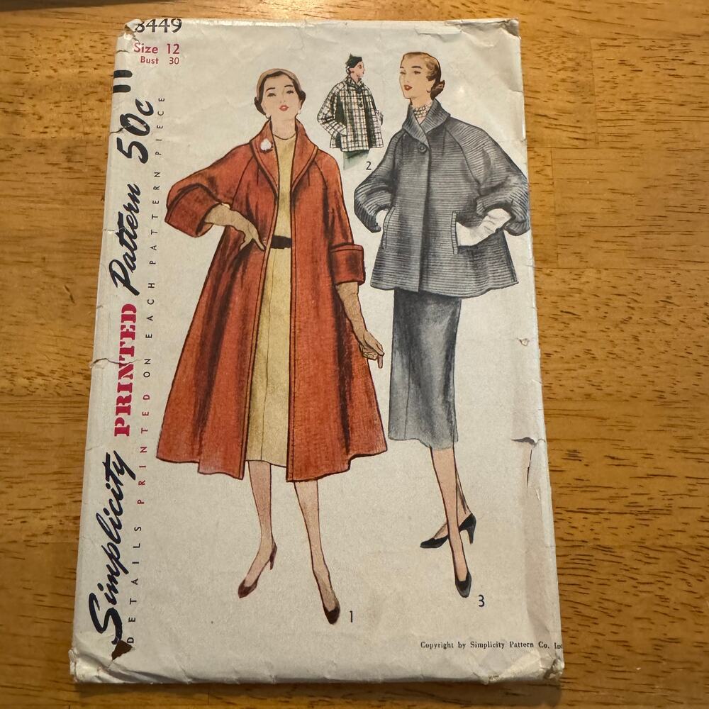 Vintage 1950s Simplicity Sewing Pattern 8449 Womens Coat and Topper Bust 30